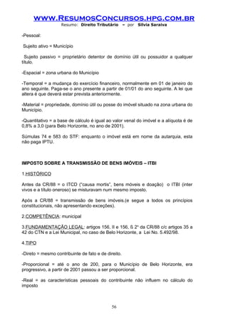 www.ResumosConcursos.hpg.com.br
                   Resumo: Direito Tributário        – por   Silvia Saraiva

-Pessoal:

Sujeito ativo = Município

  Sujeito passivo = proprietário detentor de domínio útil ou possuidor a qualquer
título.

-Espacial = zona urbana do Município

-Temporal = a mudança do exercício financeiro, normalmente em 01 de janeiro do
ano seguinte. Paga-se o ano presente a partir de 01/01 do ano seguinte. A lei que
altera é que deverá estar prevista anteriormente.

-Material = propriedade, domínio útil ou posse do imóvel situado na zona urbana do
Município.

-Quantitativo = a base de cálculo é igual ao valor venal do imóvel e a alíquota é de
0,8% a 3,0 (para Belo Horizonte, no ano de 2001).

Súmulas 74 e 583 do STF: enquanto o imóvel está em nome da autarquia, esta
não paga IPTU.



IMPOSTO SOBRE A TRANSMISSÃO DE BENS IMÓVEIS – ITBI

1.HISTÓRICO

Antes da CR/88 = o ITCD (“causa mortis”, bens móveis e doação) o ITBI (inter
vivos e a título oneroso) se misturavam num mesmo imposto.

Após a CR/88 = transmissão de bens imóveis.(e segue a todos os princípios
constitucionais, não apresentando exceções).

2.COMPETÊNCIA: municipal

3.FUNDAMENTAÇÃO LEGAL: artigos 156, II e 156, § 2o da CR/88 c/c artigos 35 a
42 do CTN e a Lei Municipal, no caso de Belo Horizonte, a Lei No. 5.492/98.

4.TIPO

-Direto = mesmo contribuinte de fato e de direito.

-Proporcional = até o ano de 200, para o Município de Belo Horizonte, era
progressivo, a partir de 2001 passou a ser proporcional.

-Real = as características pessoais do contribuinte não influem no cálculo do
imposto



                                             56
 