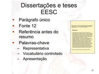 Dissertações e teses EESC Parágrafo único Fonte 12 Referência antes do resumo Palavras-chave Representativa Vocabulário controlado Apresentação PIERSON, M.M.; PIERSON, B.L. Begins and endings: keys to better engineering technical writing.  IEEE transactions on professional communication , v. 40, n.4,  Dec. 1997. p. 299-304  Palavras-chave: Redação. Resumos. Metodologia científica.   Resumo Este trabalho realiza um estudo no setor de Fiação de uma indústria têxtil, com a finalidade de avaliar o controle da qualidade e a capabilidade do processo de Fiação, por meio da aplicação de métodos estatísticos, no que se refere a um parâmetro crítico do processo, o título do fio de algodão. Além disso, analisa o impacto da variabilidade desse parâmetro nos processos subsequentes (Tinturaria, Preparação, Tecelagem), por meio de avaliação/quantificação do custo da não qualidade gerada pelas variações no processo.  O estudo conclui que o esforço de inspeção empreendido pela empresa não sejustifica devido à alta variabilidade incontrolável do processo, decorrente do atraso tecnológico do processo de Fiação e das inúmeras variáveis independentes do processo. Destaca-se a importância de uma revisão das atividades e procedimentos deinspeção do título do fio de algodão empreendidos pela empresa, devido a evidência de ineficácia. Quanto ao custo da não qualidade da Fiação nos processos subsequentes, especialmente na Tecelagem, o valor encontrado pode não justificar grandesinvestimentos necessários na padronização do parque de máquinas do setor de Fiação. 