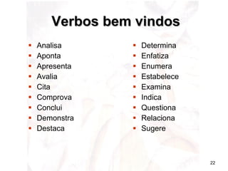 Verbos bem vindos Analisa Aponta Apresenta Avalia Cita Comprova Conclui Demonstra Destaca Determina Enfatiza Enumera Estabelece Examina Indica Questiona Relaciona Sugere 