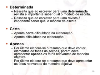 Determinada Ressalta que ao escrever para uma  determinada  revista é importante saber qual o modelo de escrita. Ressalta que ao escrever para uma revista é importante saber qual o modelo de escrita. Certa Aponta  certa  dificuldade na elaboração... Aponta dificuldade na elaboração... Apenas Por último elabora-se o resumo que deve conter elementos de todas as seções, porém deve apresentar  apenas  os fatos relevantes de maneira objetiva Por último elabora-se o resumo que deve apresentar os fatos relevantes de maneira objetiva 