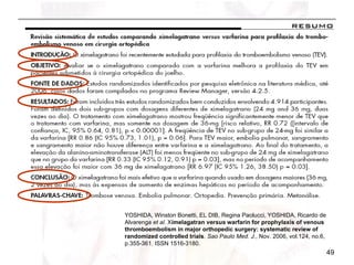 YOSHIDA, Winston Bonetti, EL DIB, Regina Paolucci, YOSHIDA, Ricardo de Alvarenga  et al . X imelagatran  versus  warfarin for prophylaxis of venous thromboembolism in major orthopedic surgery: systematic review of randomized controlled trials .  Sao Paulo Med. J. , Nov. 2006, vol.124, no.6, p.355-361. ISSN 1516-3180. 