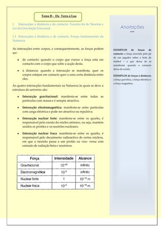 Tema B - Da Terra à Lua

1. Interacções à distância e de contacto. Terceira lei de Newton e
Lei da Gravitação Universal.                                                Anotações

1.1 Interacções à distância e de contacto. Forças fundamentais da
Natureza

As interacções entre corpos, e consequentemente, as forças podem     EXEMPLOS            de   forças    de
ser:                                                                 contacto: a força exercida pelo pé
                                                                     de um jogador sobre a bola de
       de contacto: quando o corpo que exerce a força está em
                                                                     futebol – e que deixa de se
       contacto com o corpo que sofre a acção desta.                 manifestar quando o contacto
                                                                     deixa de existir.
       à distancia: quando a interacção se manifesta, quer os
       corpos estejam em contacto quer a uma certa distância entre   EXEMPLOS de forças à distância:
       eles.                                                         a força gravítica, a força eléctrica e
                                                                     a força magnética.
As quatro interacções fundamentais na Natureza às quais se deve a
estrutura do universo são:

       Interacção gravitacional: manifesta-se entre todas as
       partículas com massa e é sempre atractiva.

       Interacção electromagnética: manifesta-se entre partículas
       com carga eléctrica e pode ser atractiva ou repulsiva.

       Interacção nuclear forte: manifesta-se entre os quarks, é
       responsável pela coesão do núcleo atómico, ou seja, mantém
       unidos os protões e os neutrões nucleares.

       Interacção nuclear fraca: manifesta-se entre os quarks, é
       responsável pelo decaimento radioactivo de certos núcleos,
       em que o neutrão passa a um protão ou vice- versa com
       emissão de radiação beta e neutrinos.
 
