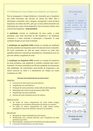 2.5.2. Modulação de sinais analógicos, por amplitude e por frequência            Anotações
Para se propagarem a longas distâncias, é necessário que a frequência
das ondas hertzianas seja elevada, da ordem dos MHz. Mas a
informação a transmitir, sons e imagens, corresponde a sinais de baixa    A    informação    a   transmitir   é
                                                                          convertida em sinal eléctrico que
frequência, da ordem dos kHz, pelo que se torna difícil transmitir esta
                                                                          se   pode     modificar   uma   das
informação por ondas electromagnéticas. Será necessário utilizar uma
                                                                          grandezas características da onda
onda de alta frequência – onda portadora.                                 portadora: a amplitude ou a
                                                                          frequência.
A modulação consiste na combinação de duas ondas: a onda
portadora, uma onda sinusoidal de alta frequência e de amplitude
constante e a onda associada à informação a transmitir. A onda
resultante designa-se por onda modulada.

A modulação em amplitude (AM) consiste na variação da amplitude
da onda portadora de frequência muito elevada pelo sinal a transmitir.
Os sinais modulados em AM são muito sensíveis ao ruído (dos
aparelhos eléctricos e fenómenos atmosféricos) e interferência uma vez
que estes afetam a amplitude do sinal.


A modulação em frequência (FM) consiste na variação da frequência
da onda portadora, cuja amplitude se mantém constante pelo sinal a
transmitir. Os sinais modulados em FM têm qualidade de transmissão
(alta fidelidade), são transmitidos numa banda de frequências e são
menos sensíveis ao ruído e à interferência em relação aos sinais
modulados em AM.


              Processo de transmissão de um sinal sonoro
EMISSÃO:
       Conversão do sinal sonoro em sinal eléctrico;
       Amplificação do sinal eléctrico;
                                                                          Emissão da onda modulada
       Produção de ondas portadoras, ondas rádio de alta frequência;
       Modulação pelo sinal da onda portadora (AM e FM);
       Amplificação da onda modulada;
       Emissão da onda modulada através de antenas.


PROPAGAÇÃO:
       As ondas de maior comprimento de onda (ondas longas)
       propagam-se na atmosfera diretamente do emissor ao receptor;
       As ondas de menor comprimento de onda (ondas curtas),
       propagam-se através de reflexões sucessivas na ionosfera.

RECEPÇÃO:
       Recepção de ondas moduladas por uma antena;
                                                                                Recepção da onda
       Sintonização com a estação emissora, com a frequência da onda
       portadora que emite;                                                           modulada
       Desmodulação, separação do sinal eléctrico da onda portadora;
       Conversão do sinal eléctrico em sinal sonoro.
 