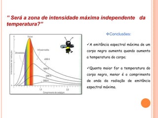 ” Será a zona de intensidade máxima independente da
temperatura?”
                                        Conclusões:

                             A emitância espectral máxima de um
                             corpo negro aumenta quando aumenta
                             a temperatura do corpo;


                             Quanto maior for a temperatura do
                             corpo negro, menor é o comprimento
                             de onda da radiação de emitância
                             espectral máxima.
 