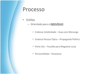 Processo Estilos Orientado para o  INDIVÍDUO Endosso Celebridade – Xuxa com Monange Endosso Pessoa Típica – Propaganda Política Porta Voz – Faustão para Magazine Luiza Personalidade - Havaianas 