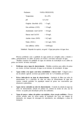 Parâmetro FAIXA DESEJAVEL
Temperatura 26 a 30ºc
pH 6,5 a 8,0
Oxigênio dissolvido (O2) > 5 mg/L
Gás carbônico (CO2) < 10 mg/L
Alcalinidade total CaCO3 > 30 mg/L
Dureza total CaCO3 > 30 mg/L
Amônia tóxica (NH3) < 0,2 mg/L
Nitrito (NO2-) < 0,3 mg/L NO2-
Gás sulfídrico (H2S) < 0,002mg/L
Salinidade Depende da espécie, em geral <12ppt para peixes de água doce.
Diversos problemas com a qualidade da água podem ser corrigidos antes e durante o
cultivo, particularmente no cultivo de peixes em viveiros com baixa renovação de água.
Medidas corretivas da qualidade da água em sistemas de recirculação ou no cultivo de
peixes em viveiros de baixa renovação:
 Problemas com a água de abastecimento - Medidas corretivas para cultivo de peixes
em viveiros de baixa renovação de água ou em sistemas de recirculação de água.
 Águas ácidas e/ou águas com baixa alcalinidade e dureza total - Calagem com o
uso de calcário agrícola em doses que podem variar de 1 a 4 toneladas por hectare
 Peixes indesejáveis na água de abastecimento - Instalação de filtros nas redes de
abastecimento ou a colocação de telas nos tubos de abastecimento de água dos
viveiros; controle periódico da população natural de peixes nos reservatórios que
abastecem a piscicultura.
 Águas turvas entrando na rede de abastecimento - Controle da entrada de água nas
redes de abastecimento; adoção de práticas de controle de erosão do solo, uso de
viveiros ou açudes para decantação prévia dos sedimentos.
 Águas de poços e minas são pobres em oxigênio e ricas em gás carbônico - Devem
receber aeração antes de serem usadas na incubação dos ovos, nos tanques de
depuração, nos tanques de estocagem de reprodutores, nas embalagens e caixas de
transporte.
 