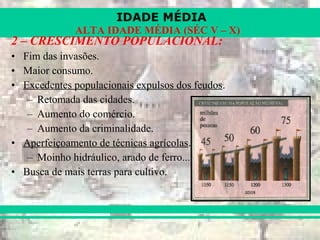 IDADE MÉDIA
ALTA IDADE MÉDIA (SÉC V – X)
2 – CRESCIMENTO POPULACIONAL:
• Fim das invasões.
• Maior consumo.
• Excedentes populacionais expulsos dos feudos.
– Retomada das cidades.
– Aumento do comércio.
– Aumento da criminalidade.
• Aperfeiçoamento de técnicas agrícolas.
– Moinho hidráulico, arado de ferro...
• Busca de mais terras para cultivo.
 