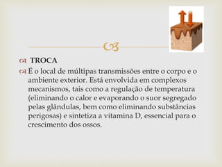 
 TROCA
 É o local de múltipas transmissões entre o corpo e o
ambiente exterior. Está envolvida em complexos
mecanismos, tais como a regulação de temperatura
(eliminando o calor e evaporando o suor segregado
pelas glândulas, bem como eliminando substâncias
perigosas) e sintetiza a vitamina D, essencial para o
crescimento dos ossos.
 