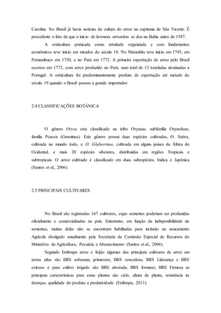 Carolina. No Brasil já havia notícias da cultura do arroz na capitania de São Vicente. É
procedente o fato de que o início de lavouras arrozeiras se deu na Bahia antes de 1587.
A orizicultura praticada como atividade organizada e com fundamentos
econômicos teve início em meados do século 18. No Maranhão teve início em 1745, em
Pernambuco em 1750, e no Pará em 1772. A primeira exportação de arroz pelo Brasil
ocorreu em 1773, com arroz produzido no Pará, num total de 13 toneladas destinadas a
Portugal. A orizicultura foi predominantemente produto de exportação até metade do
século 19 quando o Brasil passou à grande importador.
2.4 CLASSIFICAÇÕES BOTÂNICA
O gênero Oryza esta classificado na tribo Oryzeae, subfamília Oryzodeae,
família Poacea (Gramínea). Este gênero possui duas espécies cultivadas, O. Sativa,
cultivada no mundo todo, e O. Glaberrima, cultivada em alguns países da África do
Ocidental, e mais 20 espécies silvestres, distribuídas em regiões Tropicais e
subtropicais. O arroz cultivado é classificado em duas subespécies, Indica e Japônica
(Santos et al., 2006).
2.5 PRINCIPAIS CULTIVARES
No Brasil são registradas 167 cultivares, cujas sementes poderiam ser produzidas
oficialmente e comercializadas no país. Entretanto, em função da indisponibilidade de
sementes, muitas delas não se encontram habilitadas para inclusão no zoneamento
Agrícola divulgado anualmente pela Secretaria da Comissão Especial de Recursos do
Ministério da Agricultura, Pecuária e Abastecimento (Santos et al., 2006).
Segundo Embrapa arroz e feijão algumas das principais cultivares de arroz em
terras altas são BRS soberana; primavera, BRS vencedora, BRS Liderança e BRS
colosso e para cultivo irrigado são BRS alvorada; BRS formaso; BRS Firmesa as
principais características para estas plantas são ciclo, altura de planta, resistência às
doenças, qualidade do produto e produtividade (Embrapa, 2011).
 