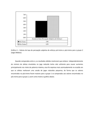 7,00 
6,00 
5,00 
4,00 
3,00 
2,00 
1,00 
0,00 
Escala de Omni (Percepção Subjetiva de Esforço) 
Pré-Treino 5,06 
Pós-Treino 6,56 
Gráfico 4 – Valores de taxa de percepção subjetiva de esforço pré-treino e pós-treino para o grupo 2 
(Jogos Médios). 
Quando comparados entre si, os resultados obtidos mostraram que embora independentemente 
do número de atletas envolvidos no jogo reduzido tenha sido suficiente para causar aumentos 
principalmente nos níveis de potencia máxima, essa foi expressa mais acentuadamente na ocasião em 
que os atletas realizaram uma sessão de jogos reduzidos pequenos, de forma que os valores 
encontrados no pós-treino foram maiores para o grupo 1 se comparados aos valores encontrados no 
pós-treino para o grupo 2, assim como mostra o gráfico abaixo. 
 
