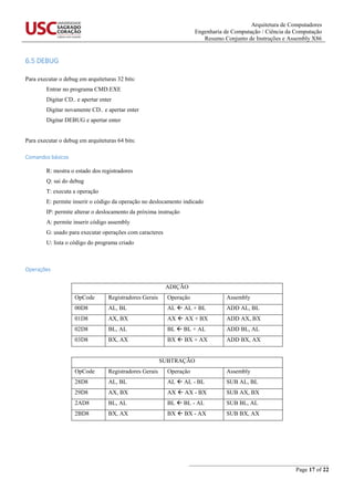 Arquitetura de Computadores
Engenharia de Computação / Ciência da Computação
Resumo Conjunto de Instruções e Assembly X86
_______________________________________________
Page 17 of 22
6.5 DEBUG
Para executar o debug em arquiteturas 32 bits:
Entrar no programa CMD.EXE
Digitar CD.. e apertar enter
Digitar novamente CD.. e apertar enter
Digitar DEBUG e apertar enter
Para executar o debug em arquiteturas 64 bits:
Comandos básicos
R: mostra o estado dos registradores
Q: sai do debug
T: executa a operação
E: permite inserir o código da operação no deslocamento indicado
IP: permite alterar o deslocamento da próxima instrução
A: permite inserir código assembly
G: usado para executar operações com caracteres
U: lista o código do programa criado
Operações
ADIÇÃO
OpCode Registradores Gerais Operação Assembly
00D8 AL, BL AL  AL + BL ADD AL, BL
01D8 AX, BX AX  AX + BX ADD AX, BX
02D8 BL, AL BL  BL + AL ADD BL, AL
03D8 BX, AX BX  BX + AX ADD BX, AX
SUBTRAÇÃO
OpCode Registradores Gerais Operação Assembly
28D8 AL, BL AL  AL - BL SUB AL, BL
29D8 AX, BX AX  AX - BX SUB AX, BX
2AD8 BL, AL BL  BL - AL SUB BL, AL
2BD8 BX, AX BX  BX - AX SUB BX, AX
 