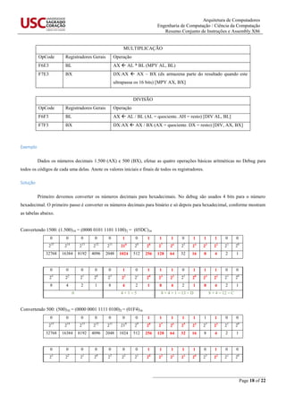 Arquitetura de Computadores
Engenharia de Computação / Ciência da Computação
Resumo Conjunto de Instruções e Assembly X86
_______________________________________________
Page 18 of 22
MULTIPLICAÇÃO
OpCode Registradores Gerais Operação
F6E3 BL AX  AL * BL (MPY AL, BL)
F7E3 BX DX:AX  AX – BX (dx armazena parte do resultado quando este
ultrapassa os 16 bits) [MPY AX, BX]
DIVISÃO
OpCode Registradores Gerais Operação
F6F3 BL AX  AL / BL (AL = quociente. AH = resto) [DIV AL, BL]
F7F3 BX DX:AX  AX / BX (AX = quociente. DX = resto) [DIV, AX, BX]
Exemplo
Dados os números decimais 1.500 (AX) e 500 (BX), efetue as quatro operações básicas aritméticas no Debug para
todos os códigos de cada uma delas. Anote os valores iniciais e finais de todos os registradores.
Solução
Primeiro devemos converter os números decimais para hexadecimais. No debug são usados 4 bits para o número
hexadecimal. O primeiro passo é converter os números decimais para binário e só depois para hexadecimal, conforme mostram
as tabelas abaixo.
Convertendo 1500: (1.500)10 = (0000 0101 1101 1100)2 = (05DC)16
0 0 0 0 0 1 0 1 1 1 0 1 1 1 0 0
215
214
213
212
211
210
29
28
27
26
25
24
23
22
21
20
32768 16384 8192 4096 2048 1024 512 256 128 64 32 16 8 4 2 1
0 0 0 0 0 1 0 1 1 1 0 1 1 1 0 0
23
22
21
20
23
22
21
20
23
22
21
20
23
22
21
20
8 4 2 1 8 4 2 1 8 4 2 1 8 4 2 1
0 4 + 1 = 5 8 + 4 + 1 = 13 = D 8 + 4 = 12 = C
Convertendo 500: (500)10 = (0000 0001 1111 0100)2 = (01F4)16
0 0 0 0 0 0 0 1 1 1 1 1 1 1 0 0
215
214
213
212
211
210
29
28
27
26
25
24
23
22
21
20
32768 16384 8192 4096 2048 1024 512 256 128 64 32 16 8 4 2 1
0 0 0 0 0 0 0 1 1 1 1 1 0 1 0 0
23
22
21
20
23
22
21
20
23
22
21
20
23
22
21
20
 