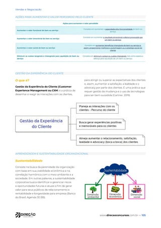 www.direcaoconcursos.com.br — 105
Vendas e Negociação
AÇÕES PARA AUMENTAR O VALOR PERCEBIDO PELO CLIENTE
GESTÃO DA EXPERIÊNCIA DO CLIENTE
APRENDIZAGEM E SUSTENTABILIDADE ORGANIZACIONAL
O que é?
Gestão da Experiência do Cliente (Customer
Experience Management ou CXM) é a prática de
desenhar e reagir às interações com os clientes,
para atingir ou superar as expectativas dos clientes
e, assim, aumentar a satisfação, a lealdade e o
advocacy por parte dos clientes. É uma prática que
requer gestão da mudança e o uso de tecnologias
para ser bem-sucedida (Gartner, 2019)
Sustentabilidade
Consiste na busca da perenidade da organização
com base em sua viabilidade econômica e na
correlação harmônica com o meio ambiente e a
sociedade. Em outras palavras, a sustentabilidade
corporativa busca identificar e gerenciar riscos
e oportunidades futuras e atuais a fim de gerar
valor para seus públicos de relacionamento e
rentabilidade e longevidade para empresa (Banco
do Brasil, Agenda 30 BB).
 