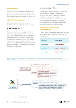 106 — www.direcaoconcursos.com.br
Vendas e Negociação
CARACTERÍSTICAS DOS SERVIÇOS: INTANGIBILIDADE, INSEPARABILIDADE, VARIABILIDADE E
PERECIBILIDADE
Aprendizagem
Pode ser definida como a aquisição/ aplicação
de conhecimento e/ou a mudança observável
(de comportamento, de ações, de resultados, de
processos, de crenças, de atitudes, de estruturas.
Tipos de conhecimento
Existem dois tipos de conhecimento: a)
conhecimento tático; b) conhecimento explícito.
CONHECIMENTO TÁCITO
Conhecimento altamente subjetivo, difícil de
comunicar, registrar, documentar ou ensinar
aos outros, pois está entranhado no indivíduo e
na maneira como ele interpreta a realidade. É
o resultado do processamento de informações
e aproveitamento dos insights subjetivos e das
intuições dos colaboradores amplamente aceitos.
No modelo japonês, é a partida do processo de
inovação na organização.
CONHECIMENTO EXPLÍCITO
Conhecimento objetivo, descritível e codificável
em documentos, práticas e treinamento,
como documentação, modelos de negócios,
procedimentos, projetos e métodos. O
conhecimento explícito é aquele que se pode
comunicar e transmitir. No modelo ocidental, é
o conhecimento útil que pode ser formalizado,
sistematizado e facilmente comunicável.
Modelos de conversão do
conhecimento
Existem alguns modelos que descrevem processos
de conversão de um tipo de conhecimento em
outro, vejamos:
Continua...
 