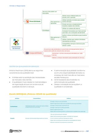www.direcaoconcursos.com.br — 107
Vendas e Negociação
GESTÃO DA QUALIDADE EM SERVIÇOS
Antônio Maximiano (2015) elenca as seguintes
características da qualidade total:
• A ênfase está na satisfação das necessidades
do mercado e dos clientes
• A qualidade é mais tratada no nível estratégico
da organização do que com as técnicas da
qualidade dos bens e serviços.
• A administração da qualidade transforma-
se em uma responsabilidade de todos na
empresa, do nível mais alto ao mais baixo
escalão hierárquico.
• Os fornecedores são envolvidos na
administração da qualidade
• Desde a concepção do serviço/bem, a
qualidade é considerada.
Escala SERVQUAL (Fatores CESAR da qualidade)
 