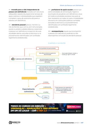 www.direcaoconcursos.com.br — 147
Direito da Pessoa com Deficiência
XI - moradia para a vida independente da
pessoa com deficiência: moradia com estruturas
adequadas capazes de proporcionar serviços de
apoio coletivos e individualizados que respeitem
e ampliem o grau de autonomia de jovens e
adultos com deficiência;
XII - atendente pessoal: pessoa, membro ou
não da família, que, com ou sem remuneração,
assiste ou presta cuidados básicos e essenciais
à pessoa com deficiência no exercício de suas
atividades diárias, excluídas as técnicas ou os
procedimentos identificados com profissões
legalmente estabelecidas;
XIII - profissional de apoio escolar: pessoa que
exerce atividades de alimentação, higiene e
locomoção do estudante com deficiência e atua
em todas as atividades escolares nas quais se
fizer necessária, em todos os níveis e modalidades
de ensino, em instituições públicas e privadas,
excluídas as técnicas ou os procedimentos
identificados com profissões legalmente
estabelecidas;
XIV - acompanhante: aquele que acompanha
a pessoa com deficiência, podendo ou não
desempenhar as funções de atendente pessoal.
O ARTIGO 4° CAI MUITO!
 