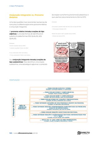 168 — www.direcaoconcursos.com.br
Língua Portuguesa
PONTUAÇÃO
Conjunção Integrante vs. Pronome
Relativo
Uma das questões mais recorrentes nas bancas de
concurso é a diferenciação entre pronome relativo
e conjunção integrante.
O pronome relativo introduz orações do tipo
adjetivas e uma das formas de identificá-lo é
substituí-lo pelas formas O(S) QUAL(IS), A(S)
QUAL(IS).
Exemplos:
Acertei a questão QUE era difícil.
= Acertei a questão A QUAL era difícil.
Fui ao restaurante QUE você indicou.
= Fui ao restaurante O QUAL você indicou.
Já a conjunção integrante introduz orações do
tipo substantivas. Para identificar uma oração
substantiva, uma estratégia é aglutinar o conteúdo
da oração numa forma pronominal substantiva. A
que usamos costumeiramente é a forma ISTO.
Exemplos:
Comuniquei à direção QUE não daria aula na segunda-feira.
= Comuniquei à direção ISTO.
Mostrei aos alunos QUE a questão não era difícil.
= Mostrei aos alunos ISTO.
 