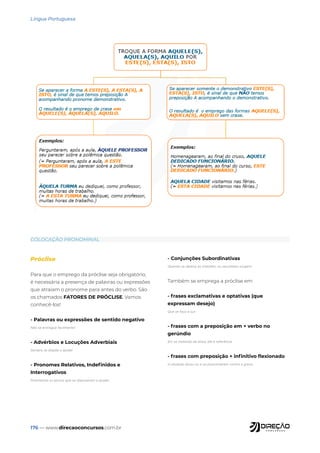 176 — www.direcaoconcursos.com.br
Língua Portuguesa
COLOCAÇÃO PRONOMINAL
Próclise
Para que o emprego da próclise seja obrigatório,
é necessária a presença de palavras ou expressões
que atraiam o pronome para antes do verbo. São
os chamados FATORES DE PRÓCLISE. Vamos
conhecê-los!
- Palavras ou expressões de sentido negativo
Não se entregue facilmente!
- Advérbios e Locuções Adverbiais
Sempre se dispõe a ajudar.
- Pronomes Relativos, Indefinidos e
Interrogativos
Premiamos os alunos que se dispuseram a ajudar.
- Conjunções Subordinativas
Quando se dedica ao trabalho, os resultados surgem.
Também se emprega a próclise em:
- frases exclamativas e optativas (que
expressam desejo)
Que se faça a luz!
- frases com a preposição em + verbo no
gerúndio
Em se tratando de ética, ele é referência.
- frases com preposição + infinitivo flexionado
A situação levou-os a se posicionarem contra a greve.
 