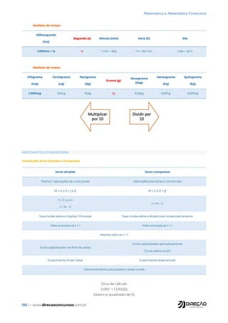 192 — www.direcaoconcursos.com.br
Matemática e Matemática Financeira
MATEMÁTICA FINANCEIRA
Dica de cálculo
(1,0X)2
= 1,DDQQ
(dobro e quadrado de X)
 