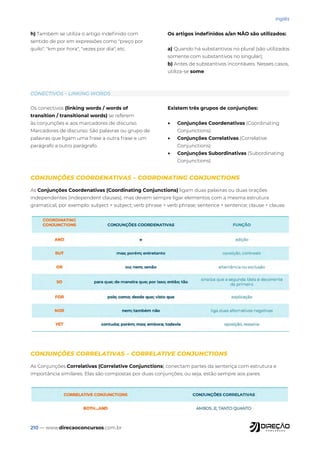 210 — www.direcaoconcursos.com.br
Inglês
CONECTIVOS – LINKING WORDS
Os conectivos (linking words / words of
transition / transitional words) se referem
às conjunções e aos marcadores de discurso.
Marcadores de discurso: São palavras ou grupo de
palavras que ligam uma frase a outra frase e um
parágrafo a outro parágrafo.
Existem três grupos de conjunções:
• Conjunções Coordenativas (Coordinating
Conjunctions)
• Conjunções Correlativas (Correlative
Conjunctions)
• Conjunções Subordinativas (Subordinating
Conjunctions)
CONJUNÇÕES COORDENATIVAS – COORDINATING CONJUNCTIONS
As Conjunções Coordenativas (Coordinating Conjunctions) ligam duas palavras ou duas orações
independentes (independent clauses), mas devem sempre ligar elementos com a mesma estrutura
gramatical, por exemplo: subject + subject; verb phrase + verb phrase; sentence + sentence; clause + clause.
CONJUNÇÕES CORRELATIVAS – CORRELATIVE CONJUNCTIONS
As Conjunções Correlativas (Correlative Conjunctions) conectam partes da sentença com estrutura e
importância similares. Elas são compostas por duas conjunções, ou seja, estão sempre aos pares.
h) Também se utiliza o artigo indefinido com
sentido de por em expressões como "preço por
quilo", "km por hora", "vezes por dia", etc.
Os artigos indefinidos a/an NÃO são utilizados:
a) Quando há substantivos no plural (são utilizados
somente com substantivos no singular);
b) Antes de substantivos incontáveis. Nesses casos,
utiliza-se some.
 