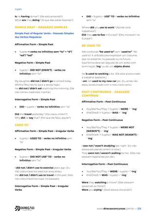 www.direcaoconcursos.com.br — 215
Inglês
Is he having dinner? (Ele está jantando?)
What are they doing? (O que eles estão fazendo?)
SIMPLE PAST – PASSADO SIMPLES
Simple Past of Regular Verbs – Passado Simples
dos Verbos Regulares
Affirmative Form – Simple Past
• Sujeito + verbo no infinitivo sem “to” + “d”/
“ed”/ “ied”
Negative Form – Simple Past
• Sujeito + DID NOT (DIDN’T) + verbo no
infinitivo sem “to”
My daughter did not / didn’t go to school today.
(Minha filha não foi para a escola hoje.)
He did not / didn’t eat anything this morning. (Ele
não comeu nada esta manhã.)
Interrogative Form – Simple Past
• DID + sujeito + verbo no infinitivo sem “to”
Did she travel yesterday? (Ela viajou ontem?)
Why did he say that? (Por que ele falou aquilo?)
USED TO
Affirmative Form – Simple Past – Irregular Verbs
• Sujeito + USED TO + verbo no infinitivo sem
“to”
Negative Form – Simple Past – Irregular Verbs
• Sujeito + DID NOT USE* TO + verbo no
infinitivo sem “to”
I did not / didn't use to exercise years ago. (Eu
não costumava me exercitar anos atrás.)
We did not / didn’t use to travel in the past. (Nós
não costumávamos viajar no passado)
Interrogative Form – Simple Past – Irregular
Verbs
• DID + Sujeito + USE* TO + verbo no infinitivo
sem “to”
Where did you use to work? (Aonde você
trabalhava?)
Did they use to live in Europe? (Eles moravam na
Europa?)
BE USED TO
Não confunda “be used to” com “used to”. “Be
used to” é utilizado para expressar um costume,
seja no presente, no passado ou no futuro.
Essa forma deve ser seguida de um verbo com
terminação “ing” ou de um objeto direto.
He is used to working a lot. (Ele está acostumado
a trabalhar bastante.)
I am not used to my new car yet. (Eu ainda não
estou acostumado com o meu novo carro.)
PAST CONTINUOUS – PASSADO
CONTÍNUO
Affirmative Form – Past Continuous
• You/We/You/They » Sujeito + WERE + “-ing”
• I/He/She/It » Sujeito + WAS + “-ing”
Negative Form – Past Continuous
• You/We/You/They » Sujeito + WERE NOT
(WEREN’T) + “-ing”
• I/He/She/It » Sujeito + WAS NOT (WASN’T) +
“-ing”
I was not / wasn’t studying last night. (Eu não
estava estudando ontem à noite.)
They were not / weren’t waiting for her. (Eles não
estavam esperando por ela.)
Interrogative Form – Past Continuous
• You/We/You/They » WERE + sujeito + “-ing”
• I/He/She/It » WAS + sujeito + “-ing”
Were they watching a movie? (Eles estavam
assistindo ao filme?)
Were you crying? (Você estava chorando?)
 