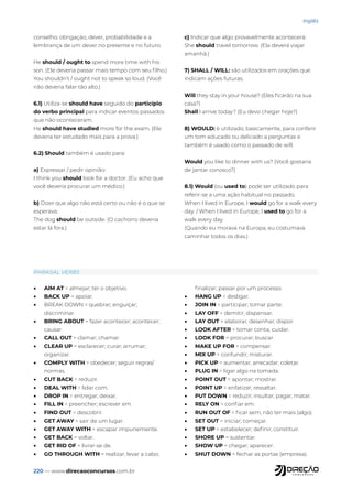220 — www.direcaoconcursos.com.br
Inglês
conselho, obrigação, dever, probabilidade e a
lembrança de um dever no presente e no futuro.
He should / ought to spend more time with his
son. (Ele deveria passar mais tempo com seu filho.)
You shouldn’t / ought not to speak so loud. (Você
não deveria falar tão alto.)
6.1) Utiliza-se should have seguido do particípio
do verbo principal para indicar eventos passados
que não oconteceram.
He should have studied more for the exam. (Ele
deveria ter estudado mais para a prova.)
6.2) Should também é usado para:
a) Expressar / pedir opinião:
I think you should look for a doctor. (Eu acho que
você deveria procurar um médico.)
b) Dizer que algo não está certo ou não é o que se
esperava:
The dog should be outside. (O cachorro deveria
estar lá fora.)
c) Indicar que algo provavelmente acontecerá:
She should travel tomorrow. (Ela deverá viajar
amanhã.)
7) SHALL / WILL: são utilizados em orações que
indicam ações futuras.
Will they stay in your house? (Eles ficarão na sua
casa?)
Shall I arrive today? (Eu devo chegar hoje?)
8) WOULD: é utilizado, basicamente, para conferir
um tom educado ou delicado a perguntas e
também é usado como o passado de will.
Would you like to dinner with us? (Você gostaria
de jantar conosco?)
8.1) Would (ou used to) pode ser utilizado para
referir-se a uma ação habitual no passado.
When I lived in Europe, I would go for a walk every
day. / When I lived in Europe, I used to go for a
walk every day.
(Quando eu morava na Europa, eu costumava
caminhar todos os dias.)
PHRASAL VERBS
• AIM AT = almejar; ter o objetivo.
• BACK UP = apoiar.
• BREAK DOWN = quebrar; enguiçar;
discriminar.
• BRING ABOUT = fazer acontecer; acontecer;
causar.
• CALL OUT = clamar; chamar.
• CLEAR UP = esclarecer; curar; arrumar;
organizar.
• COMPLY WITH = obedecer; seguir regras/
normas.
• CUT BACK = reduzir.
• DEAL WITH = lidar com.
• DROP IN = entregar; deixar.
• FILL IN = preencher; escrever em.
• FIND OUT = descobrir.
• GET AWAY = sair de um lugar.
• GET AWAY WITH = escapar impunemente.
• GET BACK = voltar.
• GET RID OF = livrar-se de.
• GO THROUGH WITH = realizar; levar a cabo;
finalizar; passar por um processo.
• HANG UP = desligar.
• JOIN IN = participar; tomar parte.
• LAY OFF = demitir; dispensar.
• LAY OUT = elaborar; desenhar; dispor.
• LOOK AFTER = tomar conta; cuidar.
• LOOK FOR = procurar; buscar.
• MAKE UP FOR = compensar.
• MIX UP = confundir; misturar.
• PICK UP = aumentar; arrecadar; coletar.
• PLUG IN = ligar algo na tomada.
• POINT OUT = apontar; mostrar.
• POINT UP = enfatizar; ressaltar.
• PUT DOWN = reduzir; insultar; pagar; matar.
• RELY ON = confiar em.
• RUN OUT OF = ficar sem; não ter mais (algo).
• SET OUT = iniciar; começar.
• SET UP = estabelecer; definir; constituir.
• SHORE UP = sustentar.
• SHOW UP = chegar; aparecer.
• SHUT DOWN = fechar as portas (empresa).
 