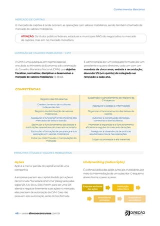 48 — www.direcaoconcursos.com.br
Conhecimentos Bancários
A CVM é uma autarquia, em regime especial,
vinculada ao Ministério da Economia, sob a orientação
do Conselho Monetário Nacional (CMN), que objetiva
fiscalizar, normatizar, disciplinar e desenvolver o
mercado de valores mobiliários no Brasil.
É administrada por um colegiado formado por um
presidente e quatro diretores, cada um com um
mandato de cinco anos, vedada a recondução,
devendo 1/5 (um quinto) do colegiado ser
renovado a cada ano.
Ações
Ação é a menor parcela do capital social de uma
companhia.
A empresa que tem seu capital dividido por ações é
denominada “Sociedade Anônima” (designada pelas
siglas S/A, S.A, SA ou CIA). Porém, para ser uma S/A
aberta e negociar livremente suas ações no mercado,
elas precisam de autorização da CVM. Caso não
possuam esta autorização, serão do tipo fechada.
Underwriting (subscrição)
É a oferta pública das ações junto aos investidores, por
meio da intermediação de um subscritor. O esquema
abaixo ilustra o passo a passo:
MERCADO DE CAPITAIS
COMISSÃO DE VALORES MOBILIÁRIOS – CVM
PRINCIPAIS TÍTULOS E VALORES MOBILIÁRIOS
O mercado de capitais é onde ocorrem as operações com valores mobiliários, sendo também chamado de
mercado de valores mobiliários.
ATENÇÃO: Os títulos públicos federais, estaduais e municipais NÃO são negociados no mercado
de capitais, mas sim no mercado monetário.
COMPETÊNCIAS
 