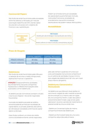 50 — www.direcaoconcursos.com.br
Conhecimentos Bancários
Commercial Papers
São títulos de renda fixa emitidos pelas sociedades
anônimas abertas ou fechadas, por meio de
autorização específica da CVM, visando captar
recursos de curto prazo com o objetivo de
financiar o seu capital de giro.
Podem ser emitidos tanto por sociedades
de capital aberto quanto fechado. Contudo,
instituições financeiras, sociedades de
arrendamento mercantil e corretoras/
distribuidoras não podem realizar oferta pública.
Rentabilidade
Debêntures
São títulos de renda fixa emitidos pelas S/As para
a captação de recursos a médio a longo prazo,
objetivando financiar o capital fixo.
As debêntures são nominativas (constam o titular)
e escriturais (“digitais”, não sendo negociadas
fisicamente).
A emissão de debêntures pode ser pública,
somente podendo ser feita por sociedades de
capital aberto, ou privada, podendo, esta última,
ser ofertada por sociedades anônimas de capital
aberto ou fechado.
Estes títulos conferem um direito de crédito
contra a sociedade emitente, sendo negociados
pelo valor de face e podendo remunerar por
juros, participações nos lucros da companhia e/
ou um prêmio de reembolso. O prazo mínimo
para resgate das debêntures é de 1 ano, sem haver
prazo máximo obrigatório.
Debêntures Conversíveis e
Permutáveis
Há debêntures que oferecem duas opções no
vencimento: resgate do valor investido acrescido
da remuneração ou o mesmo valor em ações
de uma companhia. Porém, o valor das ações é
previamente determinado. Logo, se tais ações
valorizaram durante o período de investimento, é
possível vendê-las e lucrar ainda mais.
• Debênture Conversível: Ações da mesma
companhia emitente das debêntures
• Debênture Permutável: Ações de uma outra
companhia, adquiridas pela emissora
Prazo de Resgate
ATENÇÃO: Excepcionalmente, sociedades
de arrendamento mercantil, companhias
hipotecárias e o BNDES Participações estão
autorizados a emitir debêntures.
 