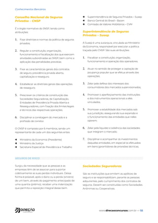 www.direcaoconcursos.com.br — 55
Conhecimentos Bancários
Conselho Nacional de Seguros
Privados – CNSP
É o órgão normativo do SNSP, tendo como
atribuições:
1. Fixar diretrizes e normas da política de seguros
privados;
2. Regular a constituição, organização,
funcionamento e fiscalização dos que exercem
atividades subordinadas ao SNSP, bem como a
aplicação das penalidades previstas;
3. Fixar as características gerais dos contratos
de seguro, previdência privada aberta,
capitalização e resseguro;
4. Estabelecer as diretrizes gerais das operações
de resseguro;
5. Prescrever os critérios de constituição das
Sociedades Seguradoras, de Capitalização,
Entidades de Previdência Privada Aberta e
Resseguradores, com fixação dos limites legais
e técnicos das respectivas operações;
6. Disciplinar a corretagem do mercado e a
profissão de corretor.
O CNSP é composto por 6 membros, sendo um
representante de cada um dos seguintes entes:
→ Ministério da Economia (Presidente)
→ Ministério da Justiça
→ Secretaria Especial de Previdência e Trabalho
→ Superintendência de Seguros Privados – Susep
→ Banco Central do Brasil – Bacen
→ Comissão de Valores Mobiliários – CVM
Superintendência de Seguros
Privados – Susep
A Susep é uma autarquia, vinculada ao Ministério
da Economia, responsável por executar a política
traçada pelo CNSP. São suas atribuições:
1. Fiscalizar a constituição, organização,
funcionamento e operação dos operadores.
2. Atuar no sentido de proteger a captação de
poupança popular que se efetua através das
operações;
3. Zelar pela defesa dos interesses dos
consumidores dos mercados supervisionados;
4. Promover o aperfeiçoamento das instituições
e dos instrumentos operacionais a eles
vinculados;
5. Promover a estabilidade dos mercados sob
sua jurisdição, assegurando sua expansão e
o funcionamento das entidades que neles
operem;
6. Zelar pela liquidez e solvência das sociedades
que integram o mercado;
7. Disciplinar e acompanhar os investimentos
daquelas entidades, em especial os efetuados
em bens garantidores de provisões técnicas;
Surgiu da necessidade que as pessoas e as
empresas têm de se associar para suportar
coletivamente as suas perdas individuais. Dessa
forma é possível, após o dano ou a perda (sinistro)
de um bem, através do pagamento antecipado de
uma quantia (prêmio), receber uma indenização
que permita a reposição integral desse bem.
Sociedades Seguradoras
São as instituições que emitem as apólices de
seguro e se responsabilizam, perante as pessoas
adquirentes, pelo cumprimento dos contratos de
seguros. Devem ser constituídas como Sociedades
Anônimas ou Cooperativas.
SEGUROS DE RISCO
 