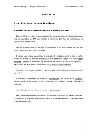 Resumos de Biologia e Geologia (10º e 11º anos) V1.1 Nuno Fernandes 2005/2006
57
BIOLOGIA 11º
Crescimento e renovação celular
Universalidade e variabilidade da molécula de DNA
Existem diferenças relativas ao material genético dos procariontes e dos eucariontes ao
nível da quantidade de DNA que constitui a informação genética, da organização e da
localização do DNA na célula.
Nos procariontes o DNA encontra-se no hialoplasma, como uma molécula circular, sem
outros constituintes associados – nucleóide.
O núcleo das células eucarióticas é separado do citoplasma pelo invólucro nuclear
(membrana dupla). Em determinados locais as duas membranas fundem-se e formam poros
nucleares – regulam o movimento de macromoléculas entre o núcleo e o citoplasma. O
invólucro nuclear está em continuidade com o retículo endoplasmático rugoso.
No núcleo, podem existir nucléolos – regiões em cuja constituição entram ácidos nucleicos
e proteónas.
A substância fundamental do núcleo é o nucleoplasma. No núcleo existe cromatina,
material fibroso e facilmente corável, constituído por filamentos de DNA associados a
proteínas.
As unidades de estrutura da cromatina são os cromossomas.
DNA – molécula pertencente à categoria dos ácidos nucleicos; na sua estrutura encontra-
se, em código, a informação que programa todas as actividades celulares e que é transmitida
de geração em geração.
 