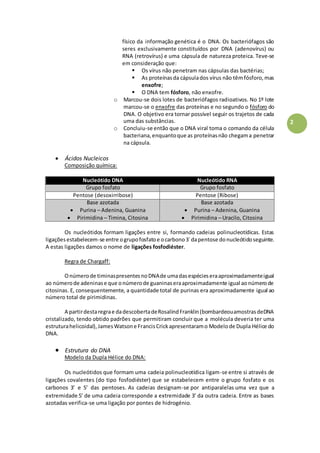 2
físico da informação genética é o DNA. Os bacteriófagos são
seres exclusivamente constituídos por DNA (adenovírus) ou
RNA (retrovírus) e uma cápsula de natureza proteica. Teve-se
em consideração que:
 Os vírus não penetram nas cápsulas das bactérias;
 As proteínasda cápsulados vírus não têmfósforo,mas
enxofre;
 O DNA tem fósforo, não enxofre.
o Marcou-se dois lotes de bacteriófagos radioativos. No 1º lote
marcou-se o enxofre das proteínas e no segundo o fósforo do
DNA. O objetivo era tornar possível seguir os trajetos de cada
uma das substâncias.
o Concluiu-se então que o DNA viral toma o comando da célula
bacteriana,enquantoque as proteínasnão chegama penetrar
na cápsula.
 Ácidos Nucleicos
Composição química:
Nucleótido DNA Nucleótido RNA
Grupo fosfato Grupo fosfato
Pentose (desoxirribose) Pentose (Ribose)
Base azotada
 Purina – Adenina, Guanina
 Pirimidina – Timina, Citosina
Base azotada
 Purina – Adenina, Guanina
 Pirimidina – Uracilo, Citosina
Os nucleótidos formam ligações entre si, formando cadeias polinucleotídicas. Estas
ligaçõesestabelecem-se entre ogrupofosfatoe ocarbono3´dapentose donucleótidoseguinte.
A estas ligações damos o nome de ligações fosfodiéster.
Regra de Chargaff:
Onúmerode timinaspresentesnoDNAde umadasespécieseraaproximadamenteigual
ao númerode adeninase que onúmerode guaninaseraaproximadamente igual aonúmerode
citosinas. E, consequentemente, a quantidade total de purinas era aproximadamente igual ao
número total de pirimidinas.
A partirdestaregrae dadescobertadeRosalindFranklin(bombardeouamostrasdeDNA
cristalizado, tendo obtido padrões que permitiram concluir que a molécula deveria ter uma
estruturahelicoidal),JamesWatsone FrancisCrickapresentaramo Modelode Dupla Hélice do
DNA.
 Estrutura do DNA
Modelo da Dupla Hélice do DNA:
Os nucleótidos que formam uma cadeia polinucleotídica ligam-se entre si através de
ligações covalentes (do tipo fosfodiéster) que se estabelecem entre o grupo fosfato e os
carbonos 3’ e 5’ das pentoses. As cadeias designam-se por antiparalelas uma vez que a
extremidade 5’ de uma cadeia corresponde a extremidade 3’ da outra cadeia. Entre as bases
azotadas verifica-se uma ligação por pontes de hidrogénio.
 