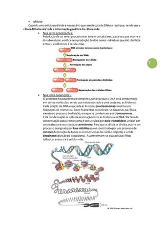 7
 Mitose
Quandouma célulase divide é necessárioque amoléculade DNA se replique,sendoque a
célula-filha herda toda a informação genética da célula-mãe.
 Nos seres procariontes:
Pelo facto de os seres procariontes serem unicelulares, cada vez que ocorre a
divisãocelular,verifica-se aproduçãode doisnovosindivíduosquesãoidênticos
entre si e idênticos à célula-mãe.
 Nossereseucariontes:
O processo é bastante maiscomplexo,umavezque oDNA está armazenado
emvárias moléculas,sendoque estáassociadoaumaproteína, as histonas.
Cada porção de DNA associadaàs histonas (nucleossoma) constituium
filamentode cromatina.Estesfilamentosencontram-sedispersosnacélula,
excetonoprocessode divisão,emque se condensamem cromossomas.
Esta condensaçãoresultadaassociaçãoentre as histonase o DNA.Na fase de
condensaçãocada cromossomaé constituídopor dois cromatídeosunidospor
uma estruturaresistente,ocentrómero.Paraque a célulase divida,ocorre um
processodesignadoporfase mitóticaque é constituídoporum processode
mitose (duplicaçãode todososcromossomasdonúcleooriginal) e umde
citocinese (divisãodocitoplasma).Assimformam-se duascélulas-filhas
idênticasentre si e à célula-mãe.
 