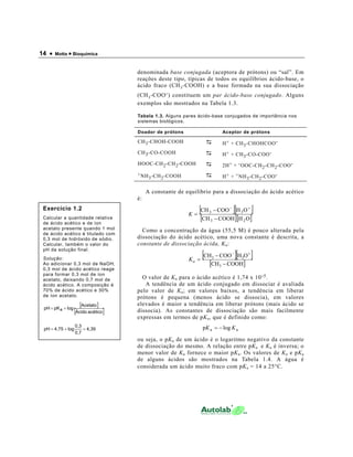 14 • Motta • Bioquímica
denominada base conjugada (aceptora de prótons) ou “sal”. Em
reações deste tipo, típicas de todos os equilíbrios ácido-base, o
ácido fraco (CH3-COOH) e a base formada na sua dissociação
(CH3-COO-) constituem um par ácido-base conjugado. Alguns
exemplos são mostrados na Tabela 1.3.
Tabela 1.3. Alguns pares ácido-base conjugados de importância nos
sistemas biológicos.
Doador de prótons Aceptor de prótons
CH3-CHOH-COOH H+ + CH3-CHOHCOO-
CH3-CO-COOH H+ + CH3-CO-COO-
HOOC-CH2-CH2-COOH 2H+ + -OOC-CH2-CH2-COO-
+NH3-CH2-COOH H+ + +NH3-CH2-COO-
A constante de equilíbrio para a dissociação do ácido acético
é:
[ ][ ]
[ ][ ]OHCOOHCH
OHCOOCH
23
33
−
−
=
+−
K
Como a concentração da água (55,5 M) é pouco alterada pela
dissociação do ácido acético, uma nova constante é descrita, a
constante de dissociação ácida, Ka:
[ ][ ]
[ ]COOHCH
OHCOOCH
3
33
−
−
=
+−
aK
O valor de Ka para o ácido acético é 1,74 x 10-5.
A tendência de um ácido conjugado em dissociar é avaliada
pelo valor de Ka; em valores baixos, a tendência em liberar
prótons é pequena (menos ácido se dissocia), em valores
elevados é maior a tendência em liberar prótons (mais ácido se
dissocia). As constantes de dissociação são mais facilmente
expressas em termos de pKa, que é definido como:
aa logp KK −=
ou seja, o pKa de um ácido é o logaritmo negativo da constante
de dissociação do mesmo. A relação entre pKa e Ka é inversa; o
menor valor de Ka fornece o maior pKa. Os valores de Ka e pKa
de alguns ácidos são mostrados na Tabela 1.4. A água é
considerada um ácido muito fraco com pKa = 14 a 25°C.
Exercício 1.2
Calcular a quantidade relativa
de ácido acético e de íon
acetato presente quando 1 mol
de ácido acético é titulado com
0,3 mol de hidróxido de sódio.
Calcular, também o valor do
pH da solução final.
Solução:
Ao adicionar 0,3 mol de NaOH,
0,3 mol de ácido acético reage
para formar 0,3 mol de íon
acetato, deixando 0,7 mol de
ácido acético. A composição é
70% de ácido acético e 30%
de íon acetato.
[ ]
[ ]acéticoÁcido
Acetato
logpKpH a +=
4,39
0,7
0,3
log4,75pH =+=
 