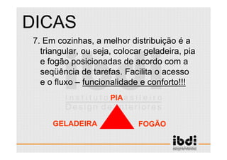 52 /117
ESCALA E ERGONOMIA
7. Em cozinhas, a melhor distribuição é a
triangular, ou seja, colocar geladeira, pia
e fogão posicionadas de acordo com a
seqüência de tarefas. Facilita o acesso
e o fluxo – funcionalidade e conforto!!!
DICAS
GELADEIRA FOGÃO
PIA
 