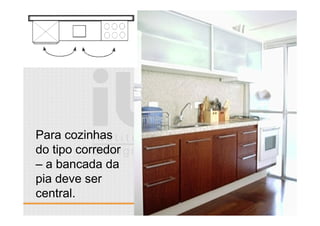 55 /117
ESCALA E ERGONOMIA
Para cozinhas
do tipo corredor
– a bancada da
pia deve ser
central.
 