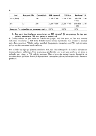 R:
Ano Preço do Pão Quantidade PIB Nominal PIB Real Deflator PIB
2010 (base) $2 100 2x100 = 200 2x100 = 200 200/200 x100
= 100
2011 $3 200 3x200 = 600 2x200 = 400 600/400 x100
= 150
Aumento Percentual de um ano para o outro 200% 100% 50%
8. Por que é desejável para um país ter um PIB elevado? Dê um exemplo de algo que
poderia aumentar o PIB, mas que seria indesejável.
R: É desejável que um país tenha um PIB elevado porque esse fator ajuda, de fato, a se ter uma
vida mais confortável. O PIB deixa de lado muitos fatores importantes, mas favorece o alcance
deles. Por exemplo, o PIB não mede a qualidade da educação, mas países com PIBs mais elevados
podem ter sistemas educacionais melhores.
Um exemplo de algo que poderia aumentar o PIB, mas seria indesejável é a exclusão de todas as
regulamentações ambientais. Com as empresas produzindo bens e serviços sem levar em conta a
poluição que criam, o PIB poderia aumentar. Mas o bem-estar provavelmente diminuiria. A
deterioração da qualidade do ar e da água mais do contrabalançaria os ganhos decorrentes da maior
produção.
 