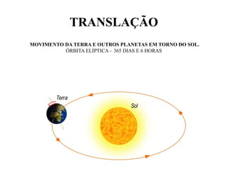 TRANSLAÇÃO
MOVIMENTO DA TERRA E OUTROS PLANETAS EM TORNO DO SOL.
          ÓRBITA ELÍPTICA – 365 DIAS E 6 HORAS
 