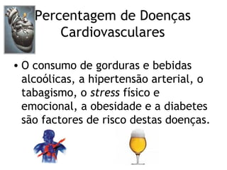 Percentagem de Doenças
        Cardiovasculares

• O consumo de gorduras e bebidas
  alcoólicas, a hipertensão arterial, o
  tabagismo, o stress físico e
  emocional, a obesidade e a diabetes
  são factores de risco destas doenças.
 