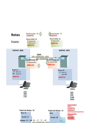 Rotas 
Projeto: 
DTU 
Destinação: 14 Destinação: 13 
CHDSTC: CHDSTC: 
QSIG 
Árvore: 0 
‘0’ Dest:12 
‘*0’ Dest:14 
Árvore Entrada: 24 
‘2’ Internal Nbr 
Tabel de Rotas: 14 
DTU 
DNRs 
3202 
3204 
3103 
3104 
5555 
SOPHO SPO 
Árvore: 0 
‘0’ Dest:11 
*2’ Dest:13 
Árvore Saída: 14 
‘3’ External Nbr 
‘5 External Nbr. 
Árvore Saída: 13 
‘2’ External Nbr 
DNRs 
2202 
2204 
2103 
2104 
Árvore Entrada: 22 
‘3’ Internal Nbr 
Rota: 14 
Bundle: 14 
Tabel de Rotas: 13 
Rota: 13 
Bundle: 13 
linhas: 17….26 26…….17 17…….26 
DTU DTU 
Comandos: 
ROTA: 
CHROTA 
CRROUT 
CHRTCG/CHRTCI/CHRTCO 
Comandos: 
BUNDLE: 
ASLINE 
ASBNDL 
CHBNDC 
ASINTN: 
ASEXTN: 
ASBLCK: ASBLCK: 
SOPHO BSB 
ASEXTN: 
ASINTN: 
