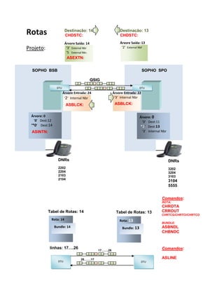 Rotas 
Projeto: 
DTU 
Destinação: 14 Destinação: 13 
CHDSTC: 
CHDSTC: 
QSIG 
Árvore: 0 
‘0’ Dest:12 
‘*0’ Dest:14 
Árvore Entrada: 24 
‘2’ Internal Nbr 
Tabel de Rotas: 14 
DTU 
DNRs 
3202 
3204 
3103 
3104 
5555 
SOPHO SPO 
Árvore: 0 
‘0’ Dest:11 
*2’ Dest:13 
‘3’ Internal Nbr 
Árvore Saída: 14 
‘3’ External Nbr 
‘5 External Nbr. 
Árvore Saída: 13 
‘2’ External Nbr 
DNRs 
2202 
2204 
2103 
2104 
Árvore Entrada: 22 
‘3’ Internal Nbr 
Rota: 14 
Bundle: 14 
Tabel de Rotas: 13 
Rota: 13 
Bundle: 13 
linhas: 17….26 
17…….26 
26…….17 
DTU DTU 
Comandos: 
ROTA: 
CHROTA 
CRROUT 
CHRTCG/CHRTCI/CHRTCO 
BUNDLE: 
ASBNDL 
CHBNDC 
Comandos: 
ASLINE 
ASINTN: 
ASEXTN: 
ASBLCK: 
ASBLCK: 
SOPHO BSB 
