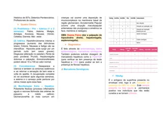 Histórico de ISTs; Detentos Penitenciários;
Profissionais de saúde.
 Quadro Clínico:
(1) Prodrômica / Pré – Ictérica (1 a 2
semanas): Febre; Astenia; Mialgia;
Artralgia; Anorexia; Náusea; Vômito;
Cefaleia; Diarreia; Mal - estar.
(2) Ictérica: Hiperbilirrubinemia intensa e
progressiva (aumento das bilirrubinas
totais); Colúria; Náuseas e fadiga vão se
intensificar; Hipocolia pode surgir por um
período curto (em casos graves);
Disgeusia (alteração no paladar); Perda de
peso ponderal; Prurido; Hepatomegalia
dolorosa a palpação; Aminotransferases
podem elevar 10 a 100 ao valor normal.
(3) Convalescença: Desaparece a
icterícia e também os sintomas sistêmicos
e vai retornar a sensação de bem estar e
volta do apetite. A recuperação completa
só vai acontecer após algumas semanas,
a astenia e o cansaço pode perdurar por
vários meses após essa fase.
(4) Manifestação Extra – Hepática:
Poliarterite Nodosa (processo inflamatório
agudo e necrose fibrinoide das artérias de
pequeno e médio calibre);
Glomerulonefrite (é mais comum em
crianças vai ocorrer uma deposição de
imunocomplexos na membrana basal da
região glomerular); Acrodermatite Papular
(ocorre uma erupção maculopapular
eritematosa não pruriginosa e simétrica na
face, membros e nadegas).
OBS: Exame Físico (dor a palpação do
hipocôndrio direito, hepatomegalia,
esplenomegalia).
 Diagnóstico:
É feito através da sintomatologia, dados
epidemiológicos, marcadores sorológicos.
Também podemos solicitar dosagem de
marcadores hepáticos como o TGO/TGP
(para verificar se tem presença de lesão
hepática) e USG (para avaliar se tem a
presença de fibrose hepática).
⚠️Marcadores Sorológicos:
 HbsAg:
É o antígeno de superfície presente no
envelope viral, logo é um marcador da
presença de HBV no corpo. Está sempre
presente na fase aguda e permanece
positivo nos indivíduos que não estão
curados e se tornam crônicos.
 