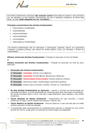 Prof. Vítor Cruz
10Este é um material gratuito, disponibilizado pelo site “www.NOTA11.com.br – Seu Companheiro de Estudo”, e faz parte de
uma iniciativa de democratização do ensino de qualidade. Se você quer ter acesso a maiores conteúdos e colaborar para a
democratização do ensino de qualidade, acesse o site NOTA11.
Os direitos fudamentais expressos não excluem outros decorrentes do regime e dos princípios
por ela adotados, ou dos tratados internacionais em que a República Federativa do Brasil seja
parte, ou seja, estão dispostos em um "rol aberto".
Principais características dos direitos fundamentais:
historicidade e mutabilidade;
inalienabilidade;
imprescritibilidade;
irrenunciabilidade;
universalidade;
relatividade ou limitabilidade;
Os direitos fundamentais não se restringem a particulares, podendo, alguns, ser garantidos
também a pessoas jurídicas, até mesmo de direito público, como, por exemplo, o direito de
propriedade.
Eficácia vertical dos Direitos Fundamentais - Proteção do particular em face do Estado.
X
Eficácia horizontal dos Direitos Fundamentais - Proteção do particular em face de outro
particular.
• Dimensões dos direitos fundamentais:
1ª dimensão - Liberdade: Direitos civis e políticos.
2ª dimensão - Igualdade: Direitos Sociais, Econômicos e Culturais.
3ª dimensão - Solidariedade (fraternidade): Direitos coletivos e difusos.
4ª dimensão - democracia direta / biotecnologia e patrimônio genético.
5ª dimensão - direito à paz (universal) / direitos “virtuais” ou “cibernéticos”.
• Se dois direitos fundamentais se chocarem = usamos o princípio da harmonização (ou
concordância prática, ou ainda ponderação de interesses) para dizer qual deles irá prevalecer.
Um direito prevalece sobre o outro, mas não o nega totalmente, deve respeitar o seu núcleo
existencial.
• Teoria Absoluta do Núcleo Existencial - Independente do caso concreto, o núcleo
existencial, ou seja, o limite imposto será sempre o mesmo, fixo.
• Teoria Relativa do Núcleo Existencial - Deve-se observar o caso concreto para só então
verificar qual será o limite de restrição.
• A Constituição pode expressamente (ou implicitamente) autorizar a restrição de uma norma
através de uma lei, surge assim os conceitos de reserva legal e de legalidade.
 