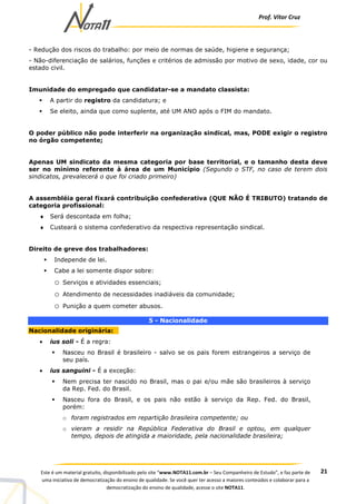 Prof. Vítor Cruz
21Este é um material gratuito, disponibilizado pelo site “www.NOTA11.com.br – Seu Companheiro de Estudo”, e faz parte de
uma iniciativa de democratização do ensino de qualidade. Se você quer ter acesso a maiores conteúdos e colaborar para a
democratização do ensino de qualidade, acesse o site NOTA11.
- Redução dos riscos do trabalho: por meio de normas de saúde, higiene e segurança;
- Não-diferenciação de salários, funções e critérios de admissão por motivo de sexo, idade, cor ou
estado civil.
Imunidade do empregado que candidatar-se a mandato classista:
A partir do registro da candidatura; e
Se eleito, ainda que como suplente, até UM ANO após o FIM do mandato.
O poder público não pode interferir na organização sindical, mas, PODE exigir o registro
no órgão competente;
Apenas UM sindicato da mesma categoria por base territorial, e o tamanho desta deve
ser no mínimo referente à área de um Município (Segundo o STF, no caso de terem dois
sindicatos, prevalecerá o que foi criado primeiro)
A assembléia geral fixará contribuição confederativa (QUE NÃO É TRIBUTO) tratando de
categoria profissional:
♦ Será descontada em folha;
♦ Custeará o sistema confederativo da respectiva representação sindical.
Direito de greve dos trabalhadores:
Independe de lei.
Cabe a lei somente dispor sobre:
o Serviços e atividades essenciais;
o Atendimento de necessidades inadiáveis da comunidade;
o Punição a quem cometer abusos.
5 - Nacionalidade
Nacionalidade originária:
• ius soli - É a regra:
Nasceu no Brasil é brasileiro - salvo se os pais forem estrangeiros a serviço de
seu país.
• ius sanguini - É a exceção:
Nem precisa ter nascido no Brasil, mas o pai e/ou mãe são brasileiros à serviço
da Rep. Fed. do Brasil.
Nasceu fora do Brasil, e os pais não estão à serviço da Rep. Fed. do Brasil,
porém:
o foram registrados em repartição brasileira competente; ou
o vieram a residir na República Federativa do Brasil e optou, em qualquer
tempo, depois de atingida a maioridade, pela nacionalidade brasileira;
 