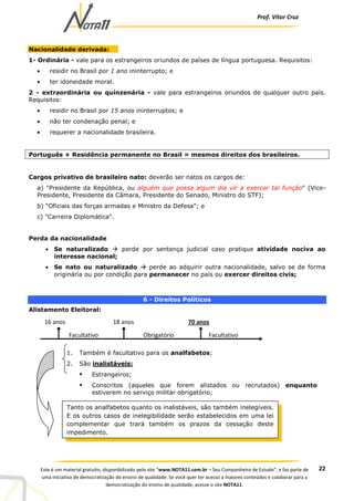 Prof. Vítor Cruz
22Este é um material gratuito, disponibilizado pelo site “www.NOTA11.com.br – Seu Companheiro de Estudo”, e faz parte de
uma iniciativa de democratização do ensino de qualidade. Se você quer ter acesso a maiores conteúdos e colaborar para a
democratização do ensino de qualidade, acesse o site NOTA11.
Nacionalidade derivada:
1- Ordinária - vale para os estrangeiros oriundos de países de língua portuguesa. Requisitos:
• residir no Brasil por 1 ano ininterrupto; e
• ter idoneidade moral.
2 - extraordinária ou quinzenária - vale para estrangeiros oriundos de qualquer outro país.
Requisitos:
• residir no Brasil por 15 anos ininterruptos; e
• não ter condenação penal; e
• requerer a nacionalidade brasileira.
Português + Residência permanente no Brasil = mesmos direitos dos brasileiros.
Cargos privativo de brasileiro nato: deverão ser natos os cargos de:
a) "Presidente da República, ou alguém que possa algum dia vir a exercer tal função" (Vice-
Presidente, Presidente da Câmara, Presidente do Senado, Ministro do STF);
b) "Oficiais das forças armadas e Ministro da Defesa"; e
c) "Carreira Diplomática".
Perda da nacionalidade
• Se naturalizado perde por sentença judicial caso pratique atividade nociva ao
interesse nacional;
• Se nato ou naturalizado perde ao adquirir outra nacionalidade, salvo se de forma
originária ou por condição para permanecer no país ou exercer direitos civis;
6 - Direitos Políticos
Alistamento Eleitoral:
1. Também é facultativo para os analfabetos;
2. São inalistáveis:
Estrangeiros;
Conscritos (aqueles que forem alistados ou recrutados) enquanto
estiverem no serviço militar obrigatório;
Tanto os analfabetos quanto os inalistáveis, são também inelegíveis.
E os outros casos de inelegibilidade serão estabelecidos em uma lei
complementar que trará também os prazos da cessação deste
impedimento.
Facultativo Obrigatório Facultativo
16 anos 18 anos 70 anos
 