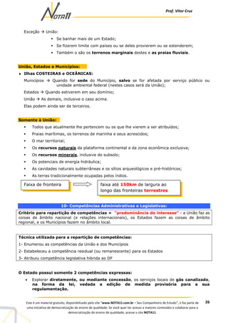 Prof. Vítor Cruz
26Este é um material gratuito, disponibilizado pelo site “www.NOTA11.com.br – Seu Companheiro de Estudo”, e faz parte de
uma iniciativa de democratização do ensino de qualidade. Se você quer ter acesso a maiores conteúdos e colaborar para a
democratização do ensino de qualidade, acesse o site NOTA11.
Exceção União:
Se banhar mais de um Estado;
Se fizerem limite com países ou se deles provierem ou se estenderem;
Também o são os terrenos marginais destes e as praias fluviais.
União, Estados e Municípios:
♦ Ilhas COSTEIRAS e OCEÂNICAS:
Municípios Quando for sede do Município, salvo se for afetada por serviço público ou
unidade ambiental federal (nestes casos será da União);
Estados Quando estiverem em seu domínio;
União As demais, inclusive o caso acima.
Elas podem ainda ser de terceiros.
Somente à União:
Todos que atualmente lhe pertencem ou os que lhe vierem a ser atribuídos;
Praias marítimas, os terrenos de marinha e seus acrescidos;
O mar territorial;
Os recursos naturais da plataforma continental e da zona econômica exclusiva;
Os recursos minerais, inclusive do subsolo;
Os potenciais de energia hidráulica;
As cavidades naturais subterrâneas e os sítios arqueológicos e pré-históricos;
As terras tradicionalmente ocupadas pelos índios.
10- Competências Administrativas e Legislativas:
Critério para repartição de competências = "predominância do interesse" - a União faz as
coisas de âmbito nacional (e relações internacionais), os Estados fazem as coisas de âmbito
regional, e os Municípios fazem no âmbito local.
Técnica utilizada para a repartição de competências:
1- Enumerou as competências da União e dos Municípios
2- Estabeleceu a competência residual (ou remanescente) para os Estados
3- Atribuiu competência legislativa hibrida ao DF
O Estado possui somente 2 competências expressas:
• Explorar diretamente, ou mediante concessão, os serviços locais de gás canalizado,
na forma da lei, vedada a edição de medida provisória para a sua
regulamentação.
Faixa de fronteira faixa até 150km de largura ao
longo das fronteiras terrestres
 