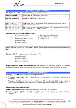 Prof. Vítor Cruz
31Este é um material gratuito, disponibilizado pelo site “www.NOTA11.com.br – Seu Companheiro de Estudo”, e faz parte de
uma iniciativa de democratização do ensino de qualidade. Se você quer ter acesso a maiores conteúdos e colaborar para a
democratização do ensino de qualidade, acesse o site NOTA11.
12- Distrito Federal e Territórios:
Lei Orgânica do DF - votada pelo DDD, igual a dos municípios.
Distrito Federal NÃO pode ser dividido em Municípios.
Território Federal PODE ser dividido em Municípios.
Distrito Federal
Governado por um governador eleito pelas mesmas regras que os
governadores estaduais.
Território Federal
Governado por um governador nomeado pelo Presidente da República
após aprovação do Senado Federal
Cabe à União organizar e manter no DF:
Polícias civil e militar;
Corpo de bombeiros militar;
Poder Judiciário;
Ministério Público;
(Após a EC 69/2012, não cabe mais à União, organizar e manter a defensoria pública do
DF!)
Compete à União organizar e manter para os TFs
Poder Judiciário;
Ministério Público;
Defensoria Pública;
Fiscalização das contas do território: CF, art. 33 §2º - As contas do Governo do Território
serão submetidas ao Congresso Nacional, com parecer prévio do Tribunal de Contas da União.
13 - Administração Pública:
Princípios Constitucionais da Administração Pública:
• Princípios expressos: LIMPE (Legalidade, Impessoalidade, Moralidade, Publicidade e
Eficiência).
• Princípios implícitos: Supremacia do Interesse Público, Indisponibilidade do Interesse
Público, Princípio da Finalidade, Princípio da Razoabilidade, Proporcionalidade, entre outros.
Óticas do princípio da legalidade:
1- Para o cidadão - legalidade é poder fazer tudo aquilo que a lei não proíba.
2- Para o agente público - legalidade é poder fazer somente aquilo que a lei permite ou
autoriza.
Lei federal disporá sobre a
utilização destes serviços pelo
Governo do DF
 