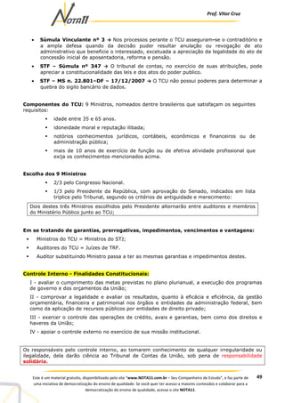 Prof. Vítor Cruz
49Este é um material gratuito, disponibilizado pelo site “www.NOTA11.com.br – Seu Companheiro de Estudo”, e faz parte de
uma iniciativa de democratização do ensino de qualidade. Se você quer ter acesso a maiores conteúdos e colaborar para a
democratização do ensino de qualidade, acesse o site NOTA11.
• Súmula Vinculante nº 3 → Nos processos perante o TCU asseguram-se o contraditório e
a ampla defesa quando da decisão puder resultar anulação ou revogação de ato
administrativo que beneficie o interessado, excetuada a apreciação da legalidade do ato de
concessão inicial de aposentadoria, reforma e pensão.
• STF – Súmula nº 347 → O tribunal de contas, no exercício de suas atribuições, pode
apreciar a constitucionalidade das leis e dos atos do poder publico.
• STF – MS n. 22.801–DF – 17/12/2007 → O TCU não possui poderes para determinar a
quebra do sigilo bancário de dados.
Componentes do TCU: 9 Ministros, nomeados dentre brasileiros que satisfaçam os seguintes
requisitos:
idade entre 35 e 65 anos.
idoneidade moral e reputação ilibada;
notórios conhecimentos jurídicos, contábeis, econômicos e financeiros ou de
administração pública;
mais de 10 anos de exercício de função ou de efetiva atividade profissional que
exija os conhecimentos mencionados acima.
Escolha dos 9 Ministros
2/3 pelo Congresso Nacional.
1/3 pelo Presidente da República, com aprovação do Senado, indicados em lista
tríplice pelo Tribunal, segundo os critérios de antiguidade e merecimento:
Dois destes três Ministros escolhidos pelo Presidente alternarão entre auditores e membros
do Ministério Público junto ao TCU;
Em se tratando de garantias, prerrogativas, impedimentos, vencimentos e vantagens:
Ministros do TCU = Ministros do STJ;
Auditores do TCU = Juízes de TRF.
Auditor substituindo Ministro passa a ter as mesmas garantias e impedimentos destes.
Controle Interno - Finalidades Constitucionais:
I - avaliar o cumprimento das metas previstas no plano plurianual, a execução dos programas
de governo e dos orçamentos da União;
II - comprovar a legalidade e avaliar os resultados, quanto à eficácia e eficiência, da gestão
orçamentária, financeira e patrimonial nos órgãos e entidades da administração federal, bem
como da aplicação de recursos públicos por entidades de direito privado;
III - exercer o controle das operações de crédito, avais e garantias, bem como dos direitos e
haveres da União;
IV - apoiar o controle externo no exercício de sua missão institucional.
Os responsáveis pelo controle interno, ao tomarem conhecimento de qualquer irregularidade ou
ilegalidade, dela darão ciência ao Tribunal de Contas da União, sob pena de responsabilidade
solidária.
 