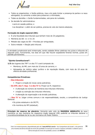 Prof. Vítor Cruz
55Este é um material gratuito, disponibilizado pelo site “www.NOTA11.com.br – Seu Companheiro de Estudo”, e faz parte de
uma iniciativa de democratização do ensino de qualidade. Se você quer ter acesso a maiores conteúdos e colaborar para a
democratização do ensino de qualidade, acesse o site NOTA11.
• Todos os julgamentos → Serão públicos, mas a lei pode limitar a presença às partes e a seus
advogados, ou somente a estes para preservar a intimidade;
• Todas as decisões → Serão fundamentadas, sob pena de nulidade;
• Se decisão for administrativa:
será em sessão pública; e
se disciplinar → além de ser pública, precisa do voto da maioria absoluta;
Formação do órgão especial (OE):
• É uma faculdade dos tribunais que tenham mais de 25 julgadores;
• Membros do OE: 11 ≤ X≤ 25
• Metade das vagas do OE = Providas por antiguidade;
• Outra metade = Eleição pelo tribunal.
A atividade jurisdicional será ininterrupta, sendo vedadas férias coletivas nos juízos e tribunais de
segundo grau, funcionando, nos dias em que não houver expediente forense normal, juízes em
plantão permanente;
“Quinto Constitucional”:
1/5 dos lugares dos TRF ‘s e dos TJ ‘s será composto de:
Membros, do MP, com mais de 10 anos de carreira; e
Advogados de notório saber jurídico e de reputação ilibada, com mais de 10 anos de
efetiva atividade profissional.
Competências Privativas:
- Dos tribunais:
Propor a criação de novas varas judiciárias;
- Do STF, dos T. Sup. ‘s e dos TJ ’s: Propor ao PL respectivo:
A alteração do número de membros dos tribunais inferiores;
criação ou extinção dos tribunais inferiores;
A alteração da organização e da divisão judiciárias;
- Dos TJ ‘s: Julgar crimes comuns e de responsabilidade, exceto, a competência da Justiça
Eleitoral:
Os juízes estaduais e do DF/TF;
Os membros do MP (estadual).
Princípio da reserva de plenário: Somente pelo voto da MAIORIA ABSOLUTA de seus
membros ou dos membros do respectivo órgão especial (OE) poderão os tribunais declarar a
inconstitucionalidade de lei ou ato normativo do Poder Público.
 