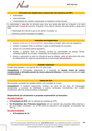 Prof. Vítor Cruz
56Este é um material gratuito, disponibilizado pelo site “www.NOTA11.com.br – Seu Companheiro de Estudo”, e faz parte de
uma iniciativa de democratização do ensino de qualidade. Se você quer ter acesso a maiores conteúdos e colaborar para a
democratização do ensino de qualidade, acesse o site NOTA11.
Garantias dos Magistrados (extensíveis aos membros do MP):
• vitaliciedade;
• inamovibilidade;
• irredutibilidade do subsídio (ressalvadas as hipóteses constitucionais).
A vitaliciedade é adquirida no primeiro grau (juiz que ainda não está em tribunal) e só será
adquirida após 2 anos de exercício. Enquanto o Juiz não for vitalício, ele pode perder o cargo caso
haja:
• Deliberação do tribunal a que o juiz estiver vinculado; ou
• Sentença judicial transitada em julgado.
Vedações dos Magistrados
• exercer, ainda que em disponibilidade, outro cargo ou função, salvo uma de magistério;
• receber, a qualquer título ou pretexto, custas ou participação em processo;
• dedicar-se à atividade político-partidária.
• receber, a qualquer título ou pretexto, auxílios ou contribuições de pessoas físicas,
entidades públicas ou privadas, ressalvadas as exceções previstas em lei;
• exercer a advocacia no juízo ou tribunal do qual se afastou, antes de decorridos três anos
do afastamento do cargo por aposentadoria ou exoneração (quarentena).
Juizados especiais:
Criados pelos Estados, e no caso do DF e TF, pela União.
Competência Conciliação, julgamento e a execução de causas cíveis de menor
complexidade e infrações penais de menor potencial ofensivo, mediante procedimento oral
e sumaríssimo;
Justiça de Paz:
Remunerada, composta de cidadãos eleitos, com mandato de 4 anos;
Competência Celebrar casamentos, verificar, de ofício ou em face de impugnação
apresentada, o processo de habilitação e exercer atribuições conciliatórias, sem caráter
jurisdicional, além de outras previstas na legislação.
Responsáveis por encaminhar a proposta orçamentária ao Executivo:
Na esfera federal:
• O Presidente do STF (em se tratando da proposta do STF);
• Os Presidentes dos Tribunais Superiores (em se tratando das propostas deles próprios e
de seus órgãos vinculados - ex. O TST envia ao Executivo a sua proposta, as propostas dos
TRT´s).
Na esfera estadual.
• O Presidente do TJ.
 