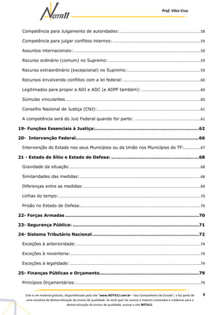 Prof. Vítor Cruz
6Este é um material gratuito, disponibilizado pelo site “www.NOTA11.com.br – Seu Companheiro de Estudo”, e faz parte de
uma iniciativa de democratização do ensino de qualidade. Se você quer ter acesso a maiores conteúdos e colaborar para a
democratização do ensino de qualidade, acesse o site NOTA11.
Competência para Julgamento de autoridades: ..............................................................................58
Competência para julgar conflitos internos: .....................................................................................59
Assuntos internacionais:...........................................................................................................................59
Recurso ordinário (comum) no Supremo: .........................................................................................59
Recurso extraordinário (excepcional) no Supremo:.......................................................................59
Recursos envolvendo conflitos com a lei federal:...........................................................................60
Legitimados para propor a ADI e ADC (e ADPF também): .........................................................60
Súmulas vinculantes...................................................................................................................................60
Conselho Nacional de Justiça (CNJ):....................................................................................................61
A competência será do Juiz Federal quando for parte: ................................................................61
19- Funções Essenciais à Justiça:......................................................................62
20- Intervenção Federal...................................................................................66
Intervenção do Estado nos seus Municípios ou da União nos Municípios do TF:................67
21 - Estado de Sítio e Estado de Defesa: ...........................................................68
Gravidade da situação ...............................................................................................................................68
Similaridades das medidas:.....................................................................................................................68
Diferenças entre as medidas: .................................................................................................................69
Linhas do tempo:.........................................................................................................................................70
Prisão no Estado de Defesa:....................................................................................................................70
22- Forças Armadas ..........................................................................................70
23- Segurança Pública: .....................................................................................71
24- Sistema Tributário Nacional........................................................................72
Exceções à anterioridade: ........................................................................................................................74
Exceções à noventena:..............................................................................................................................74
Exceções à legalidade: ..............................................................................................................................74
25- Finanças Públicas e Orçamento...................................................................79
Princípios Orçamentários:.........................................................................................................................79
 